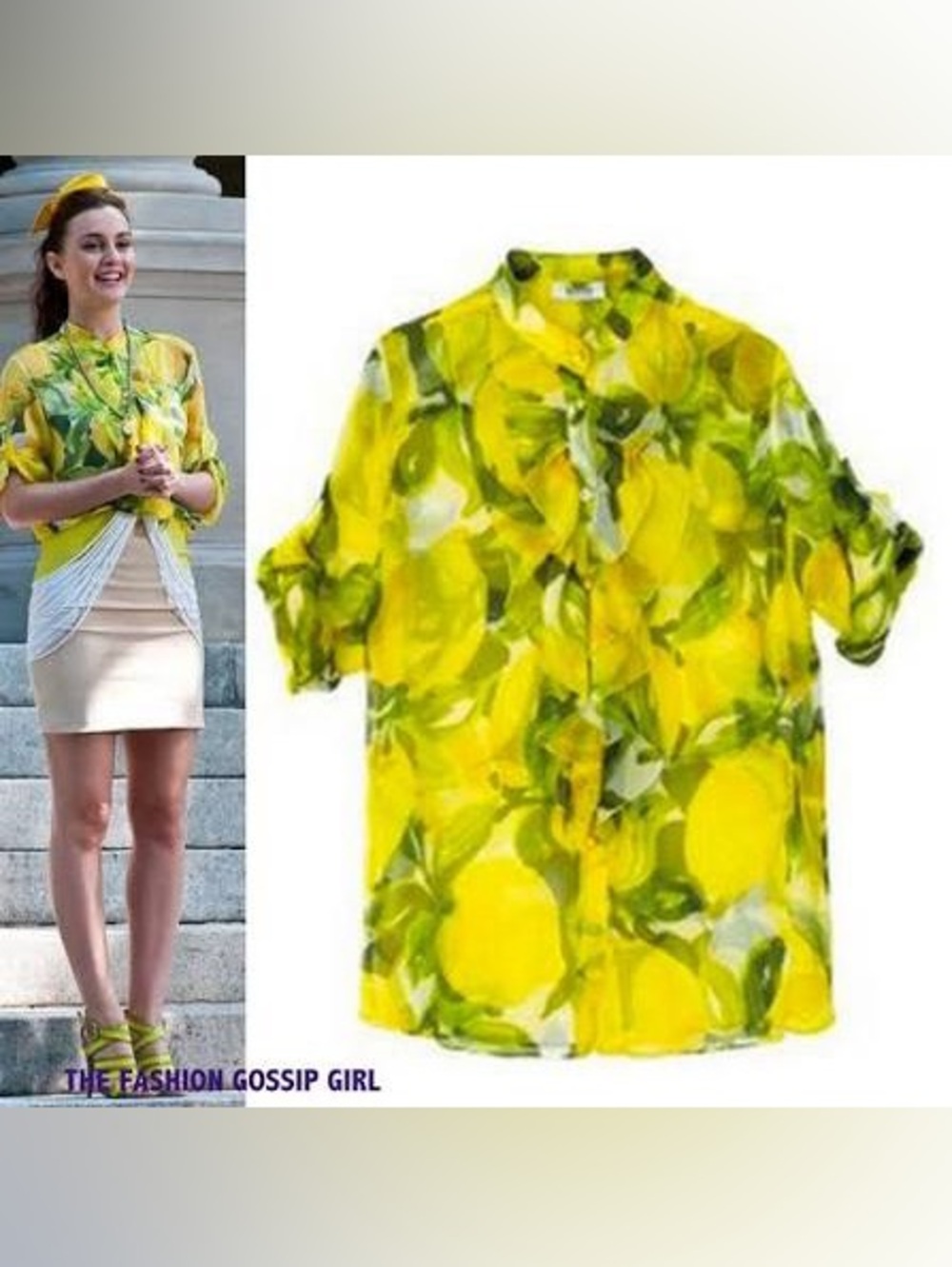 Moschino Yellow Lemon Print Sheer Button-Up Blouse as seen on Blair Waldorf